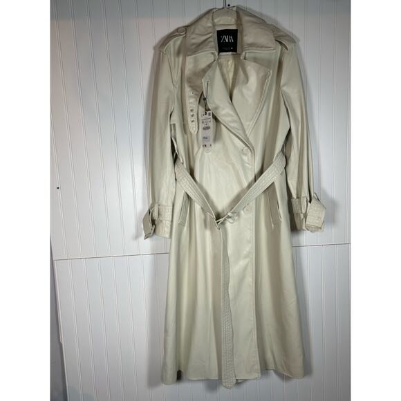 Zara Belted Faux Leather cream Trench Coat size medium oversize NWT  - Picture 14 of 16